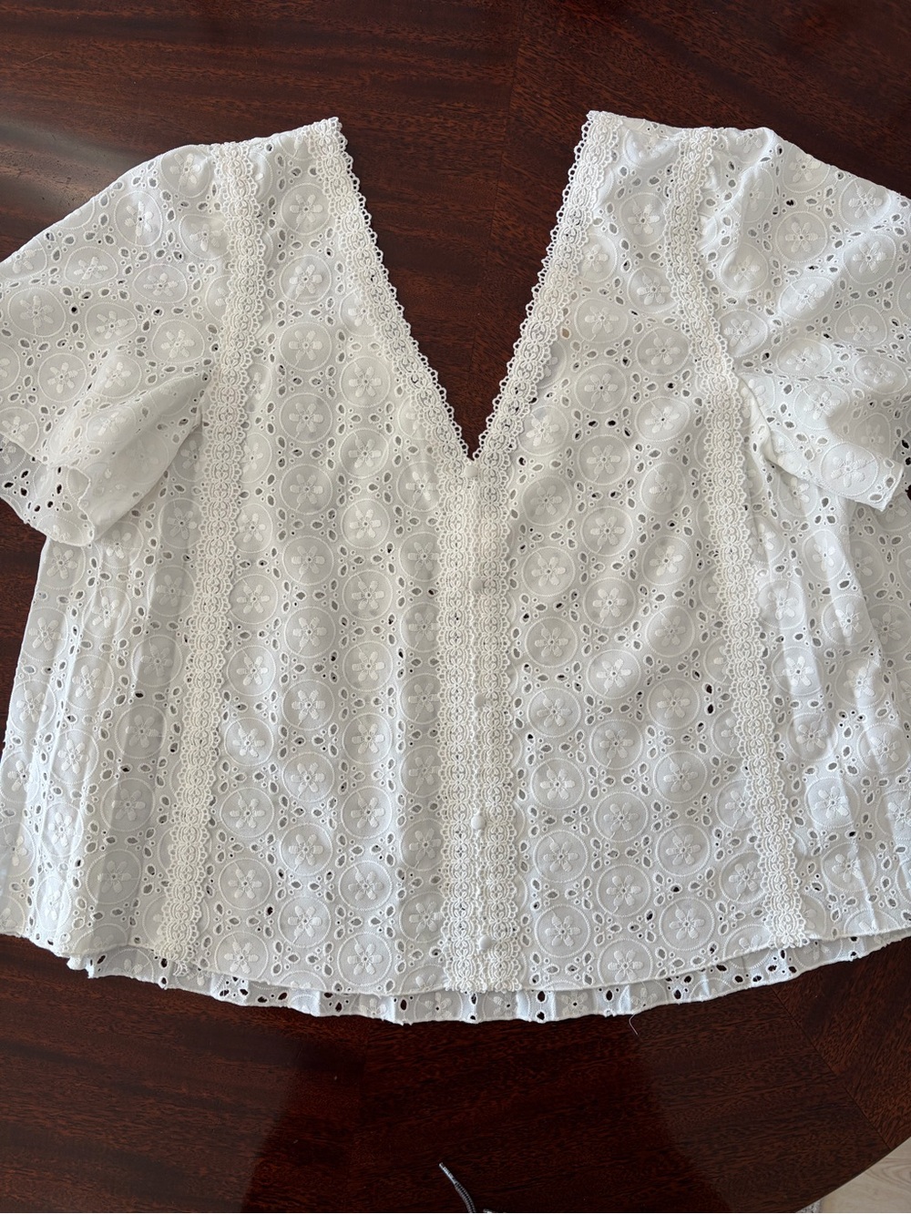 Sezane White Eyelet V-Neck Blouse